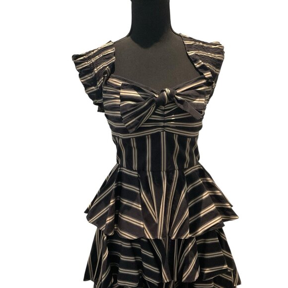 Caroline Constas Tiered High- Low Layered Dress Striped Bow Ruffle Brown Small - Picture 2 of 14